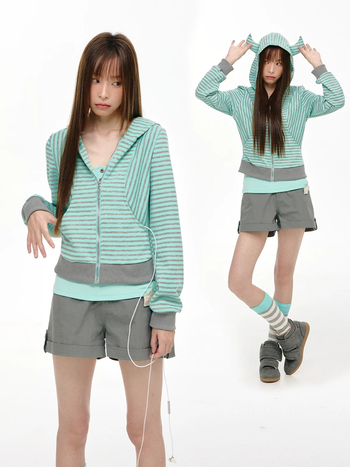 Mint Stripe Devil-Horn Zip-Up Hoodie