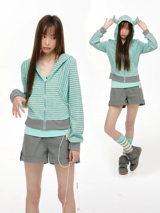 Mint Stripe Devil-Horn Zip-Up Hoodie