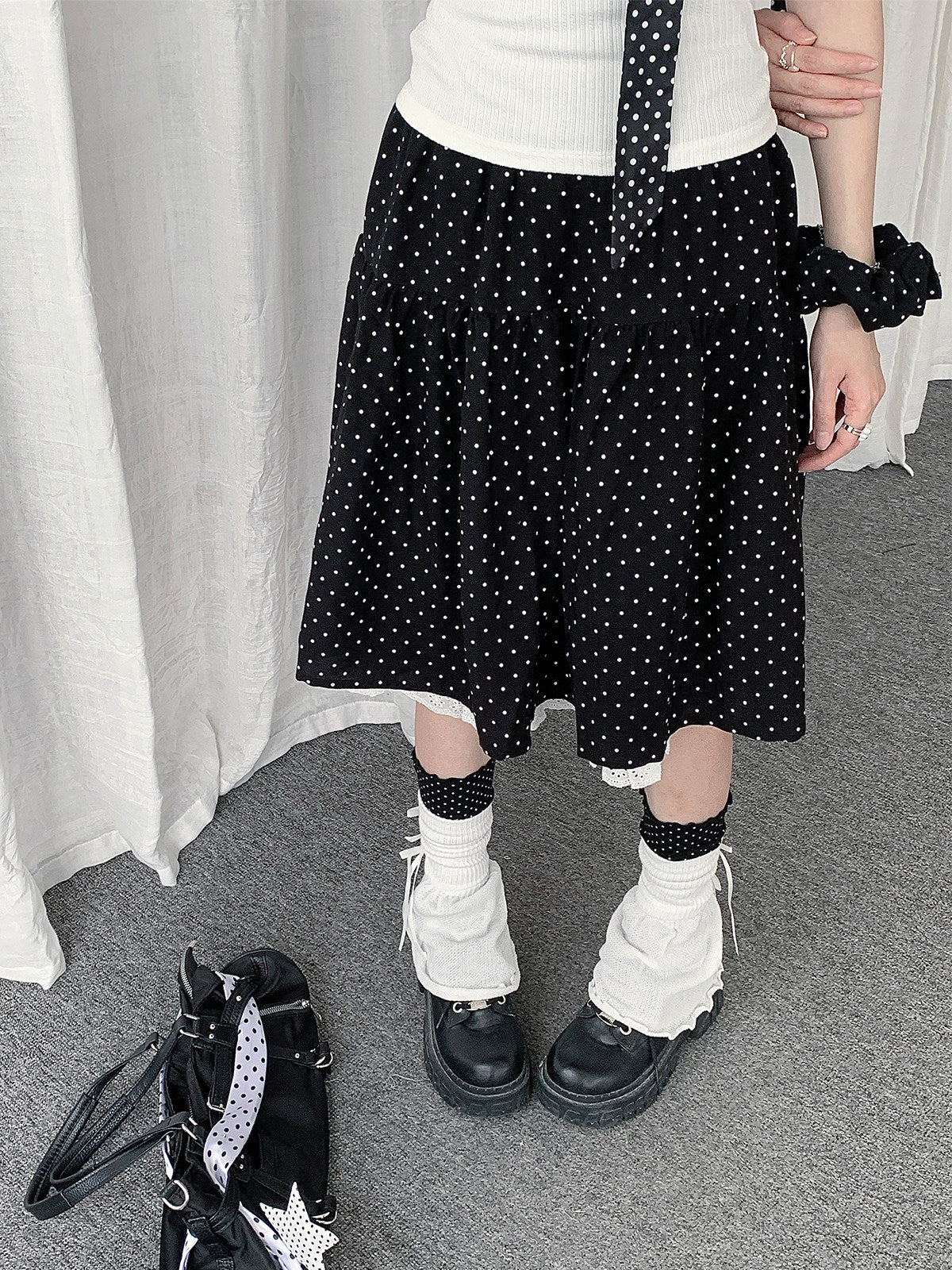Black Polka Dot Lace-Trim Midi Skirt