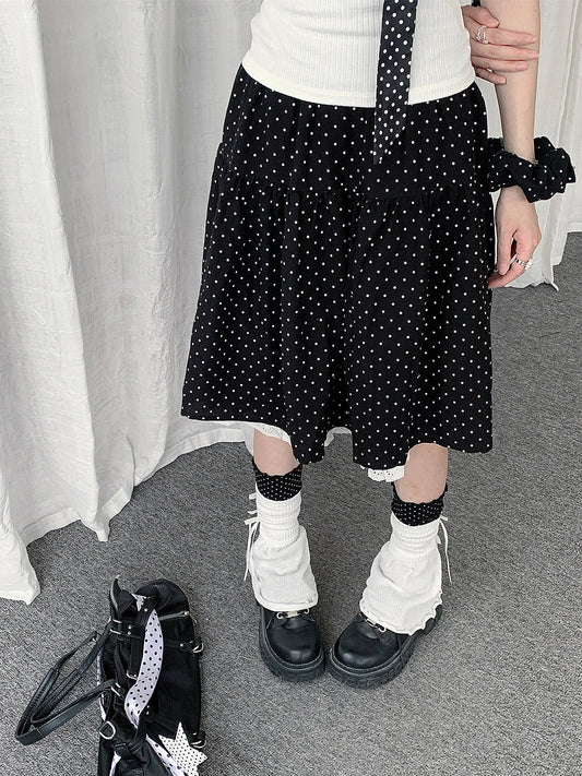 Black Polka Dot Lace-Trim Midi Skirt