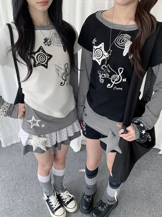 Music Star Faux-Layered Long Sleeve Top