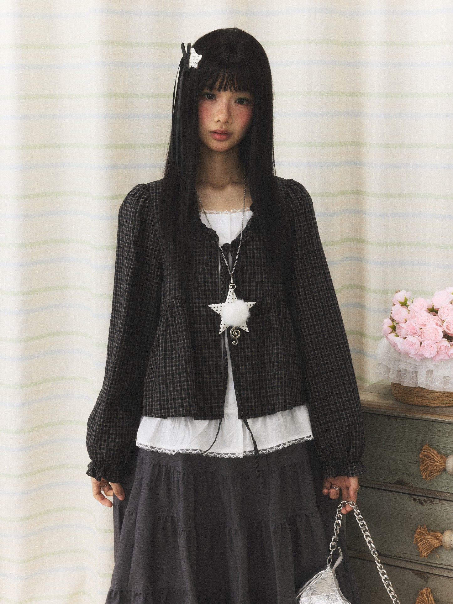 Charcoal Plaid Faux-Layer Ruffle Tie-Front Blouse