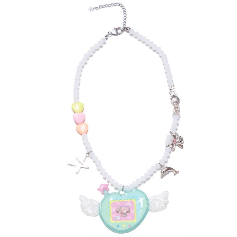Mint Winged Heart Beaded Necklace (Handmade)