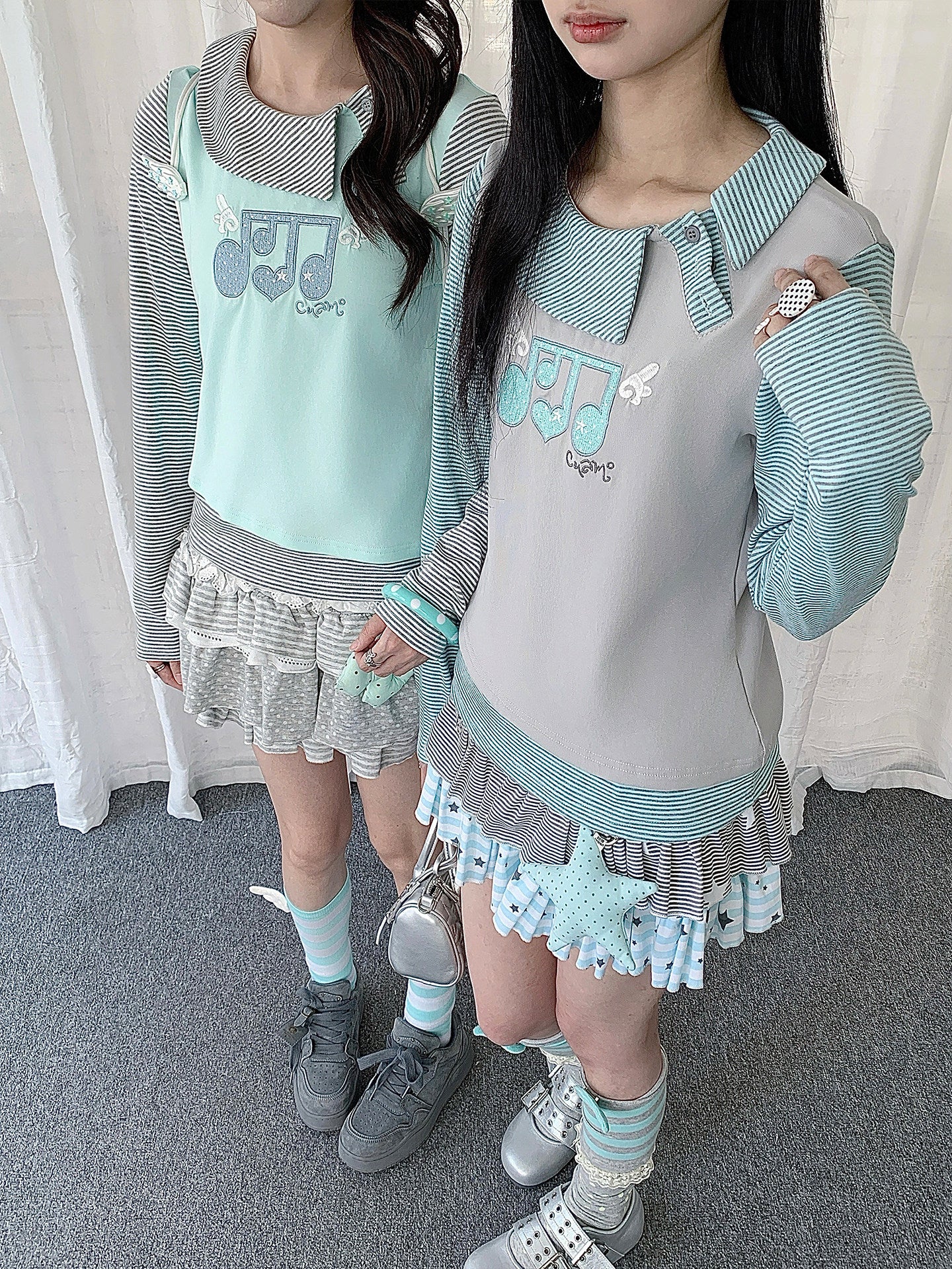 Music Note Embroidered Faux-Layered Long Sleeve Top