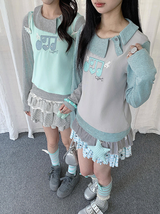 Music Note Embroidered Faux-Layered Long Sleeve Top
