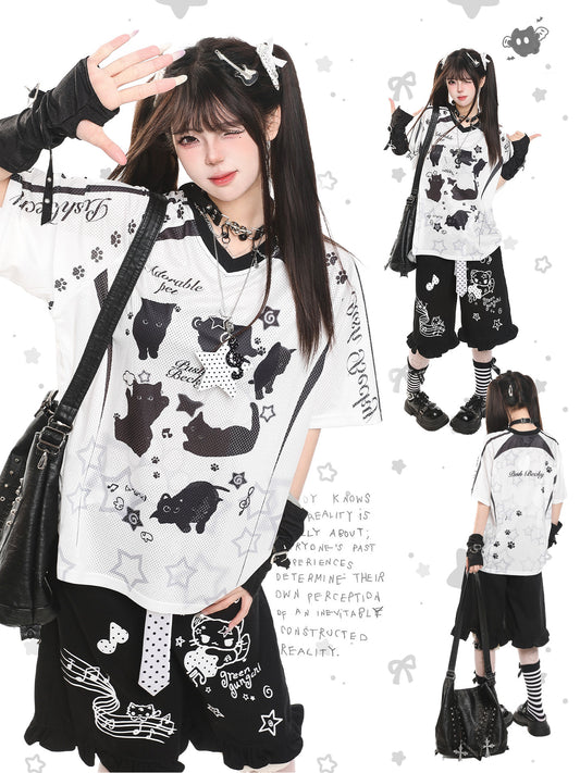 Cartoon Cat V-Neck Oversized Tee