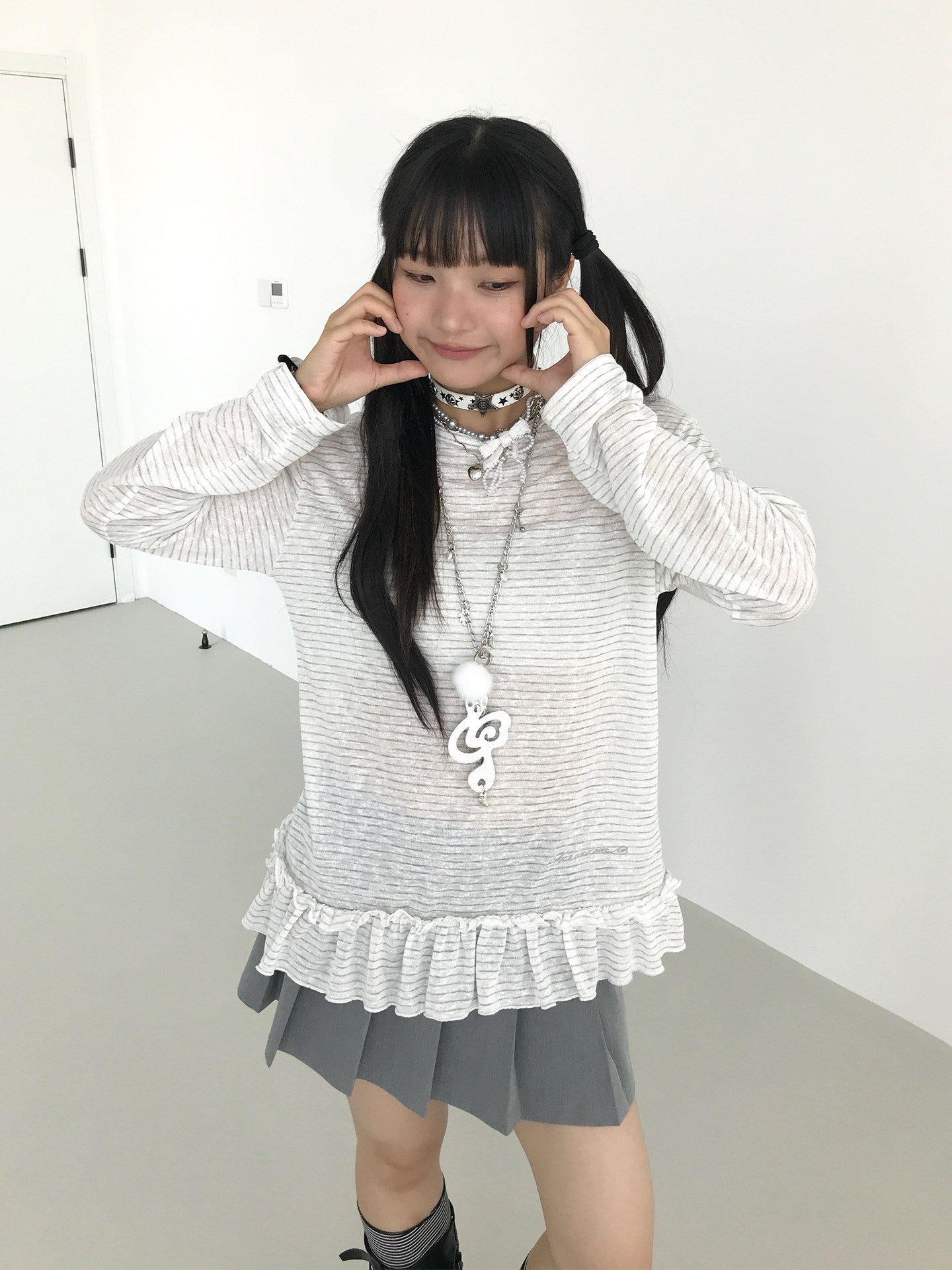 Sheer Stripe Ruffle-Hem Layering Top