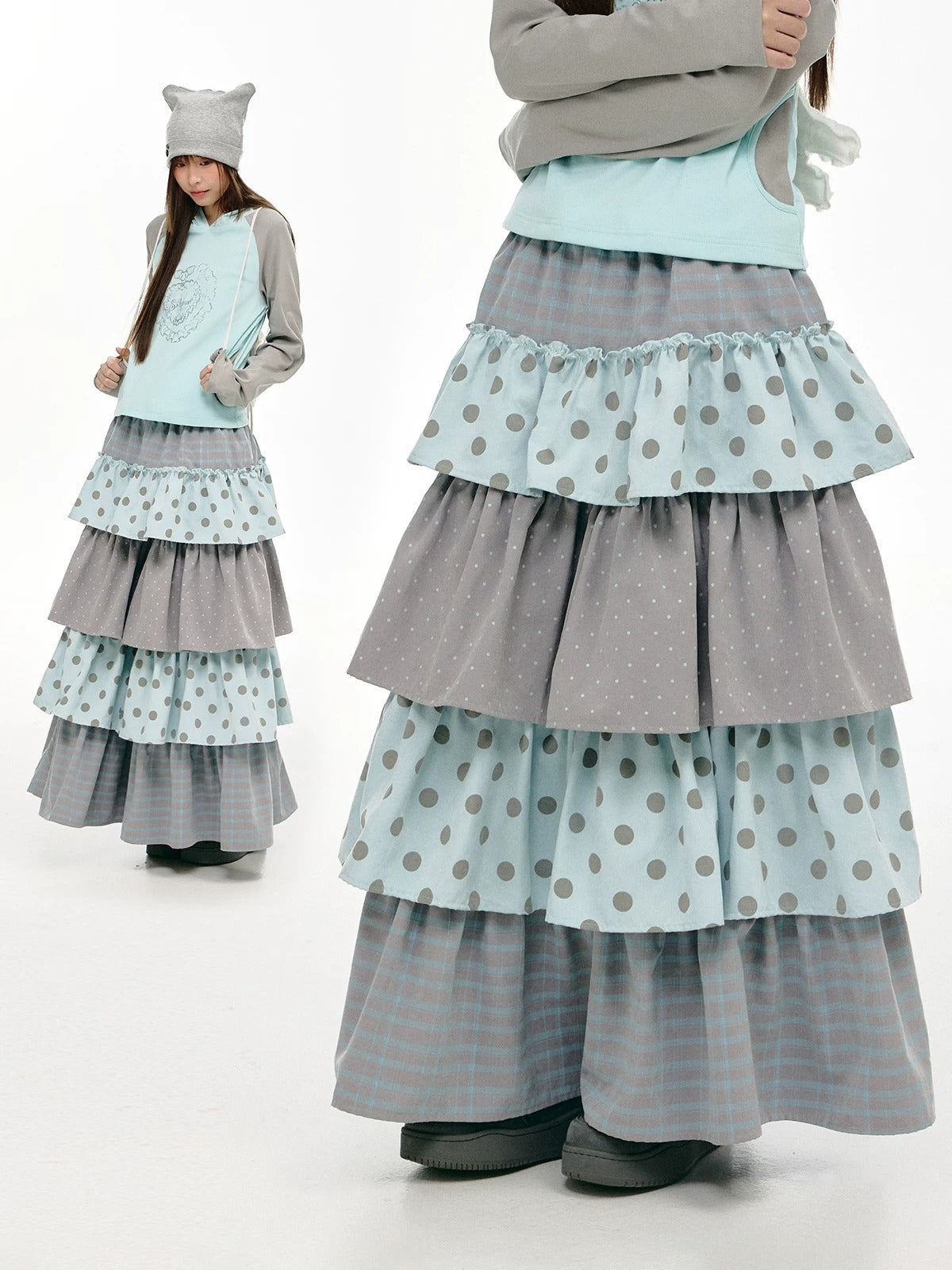 Gray-Blue Polka Dot Tiered Maxi Skirt