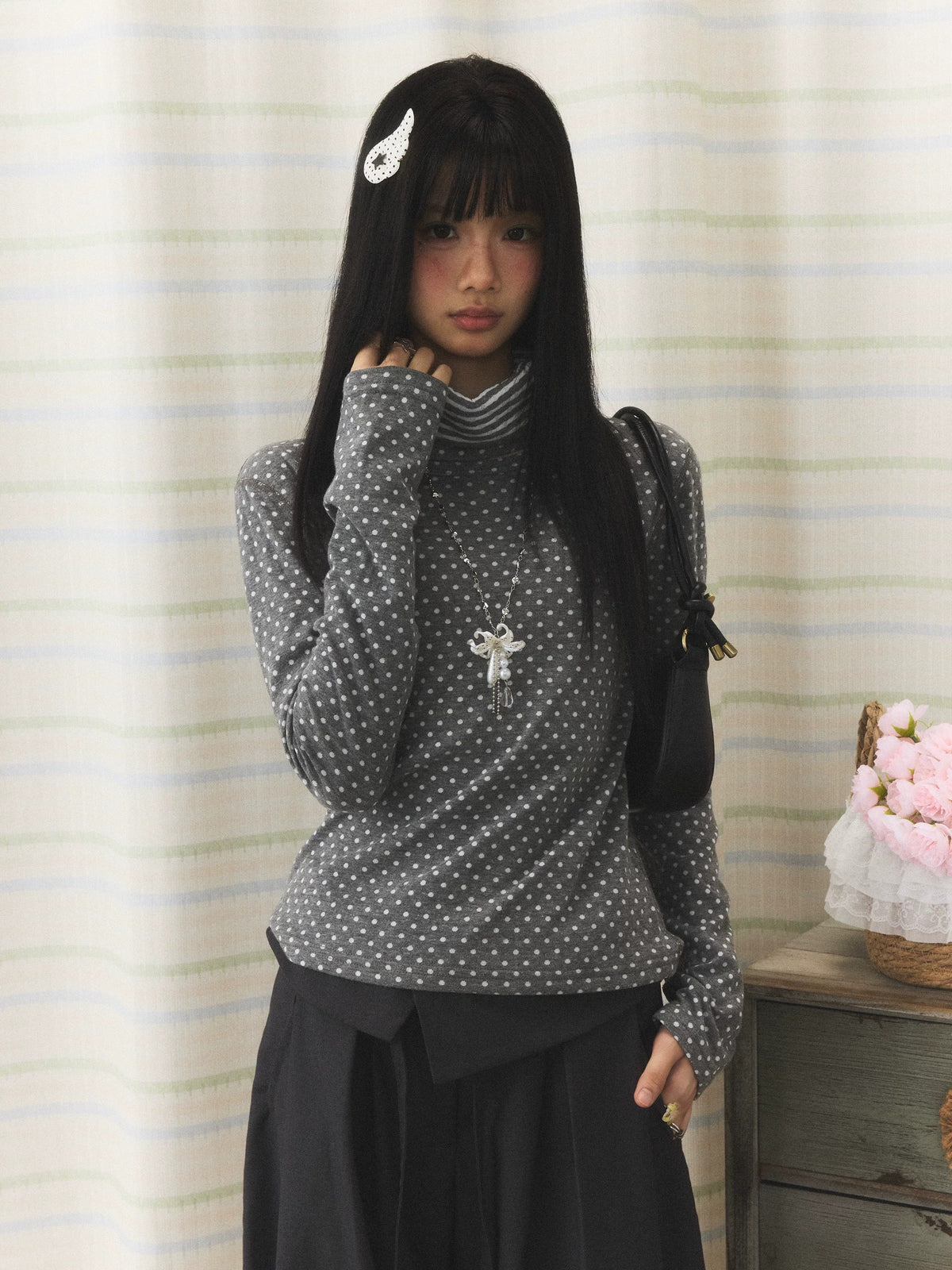 Polka Dot Contrast Turtleneck Long Sleeve Top