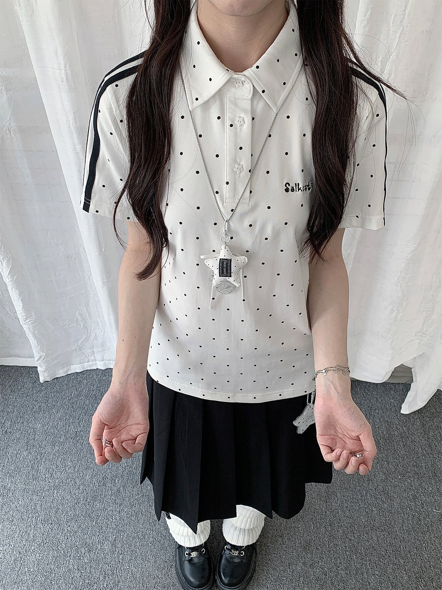 Polka Dot Stripe-Trim Fitted Polo Top