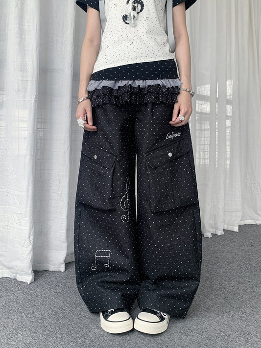Polka Dot Music Note Embroidered Cargo Pants