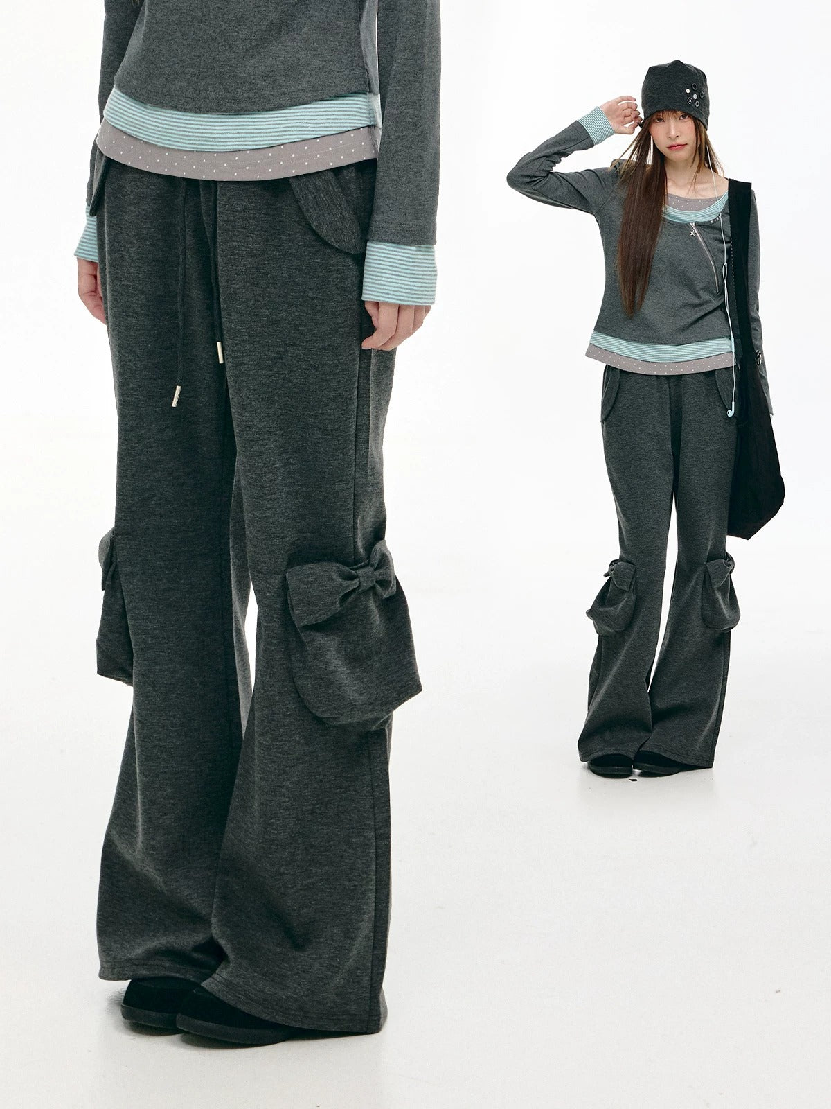 Bow-Pocket Flared Wide-Leg Pants