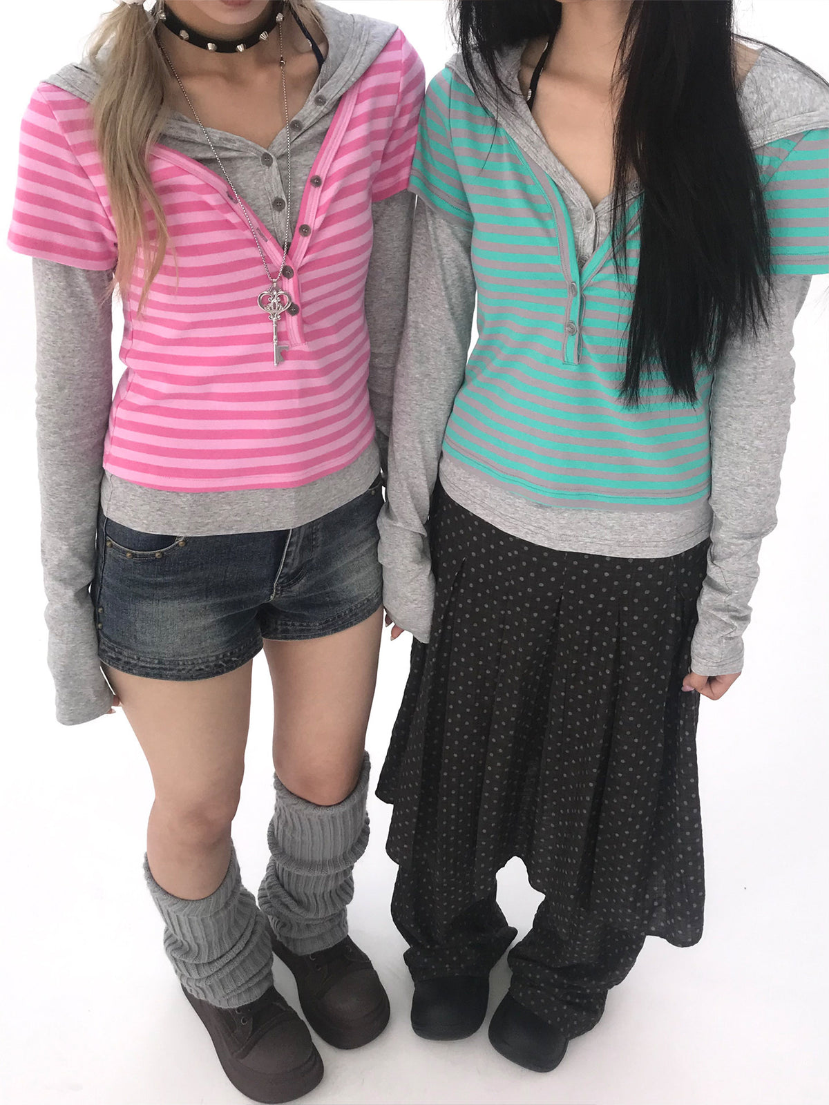 Striped Faux-Layered Hooded Long Sleeve Top