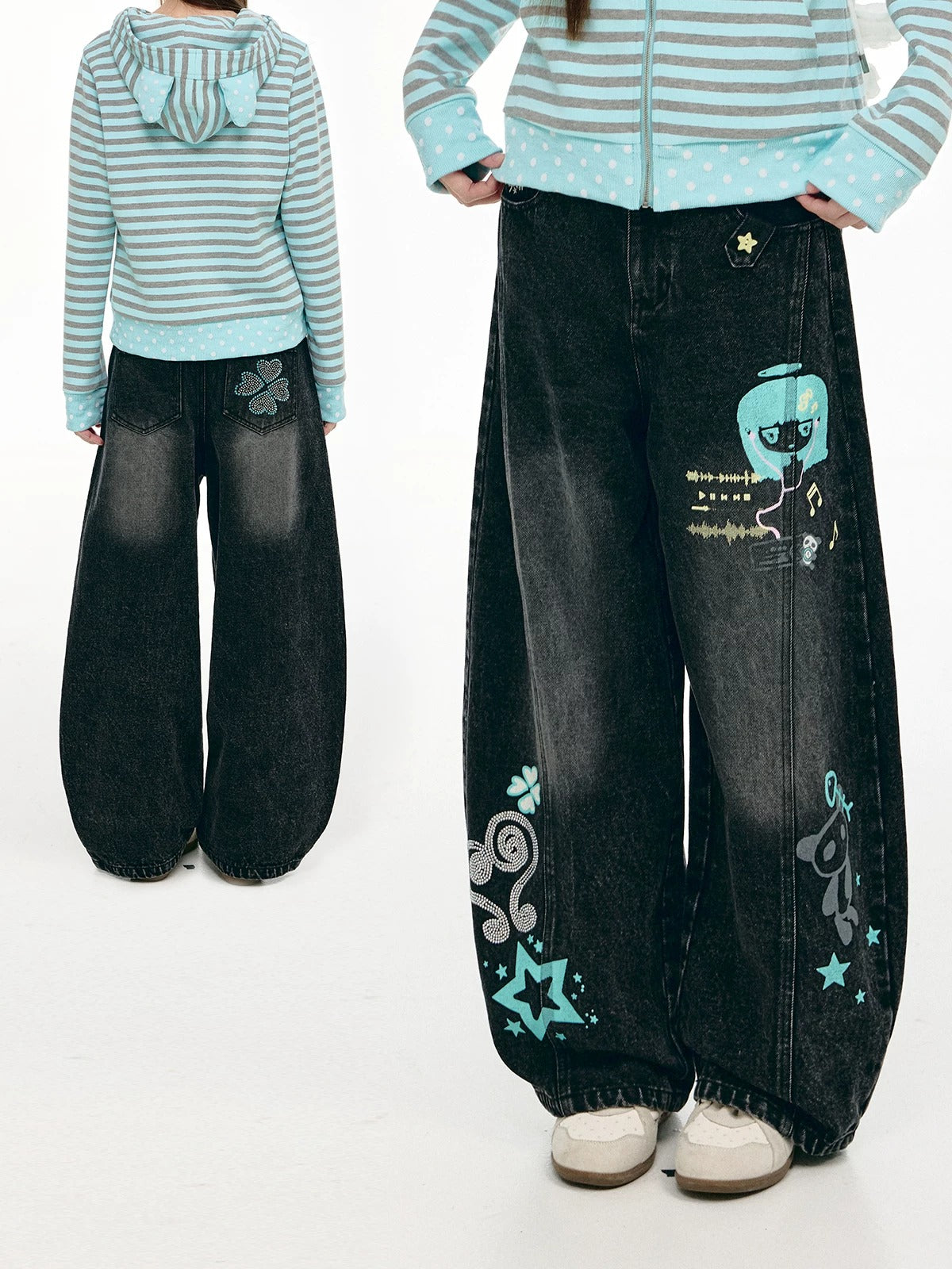 Washed Black Cartoon Music Note Barrel-Leg Jeans