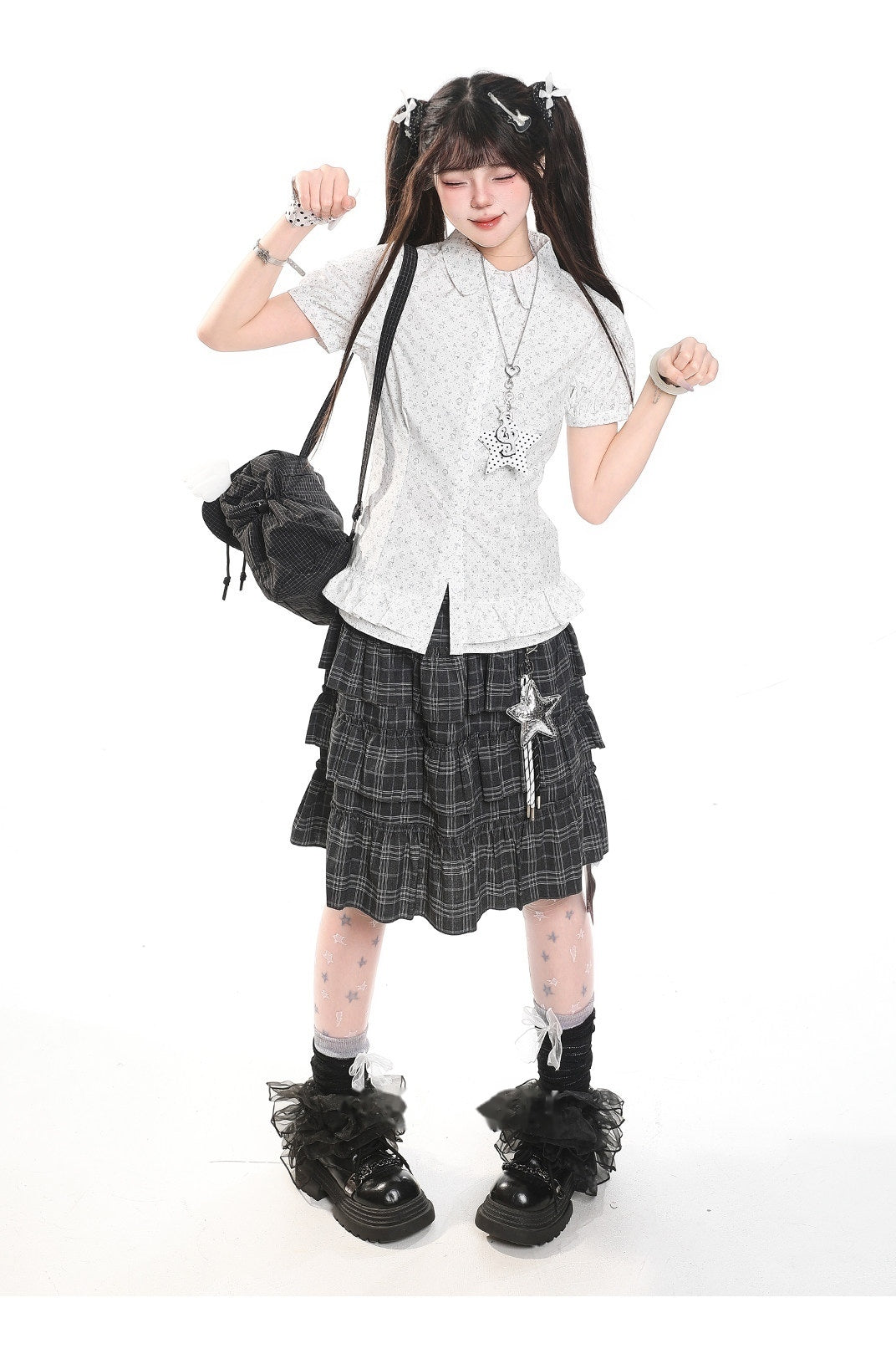 Vintage Gray Plaid Tiered Ruffle Midi Skirt