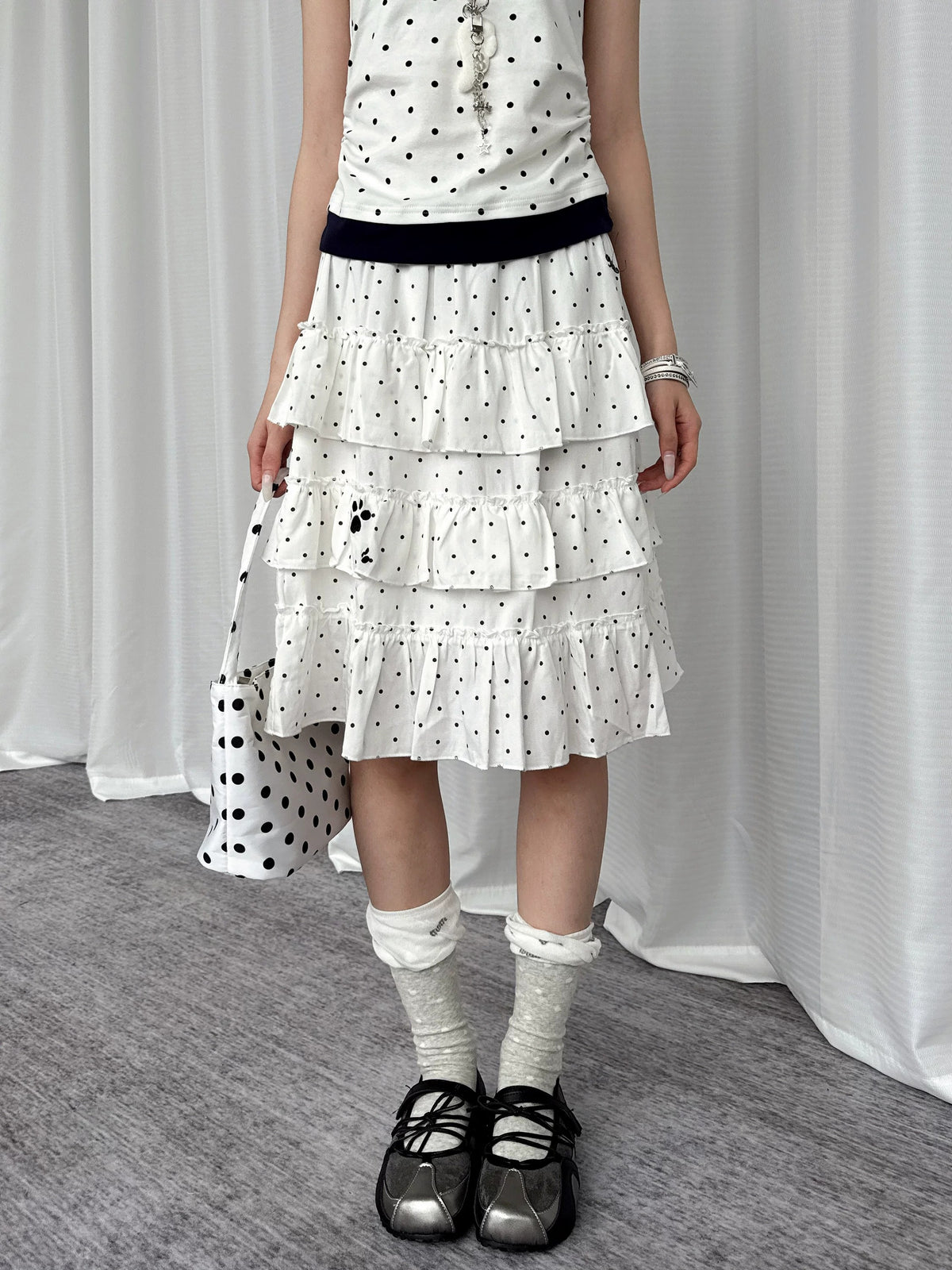 Paw Embroidered Polka Dot Tiered Midi Skirt