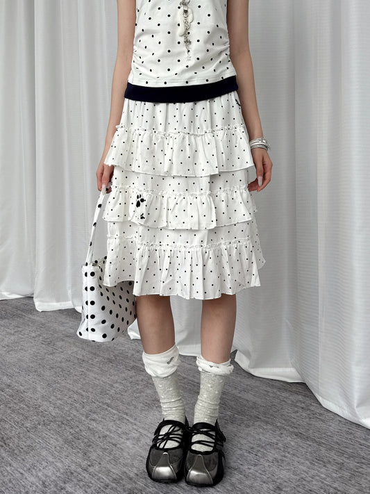 Paw Embroidered Polka Dot Tiered Midi Skirt