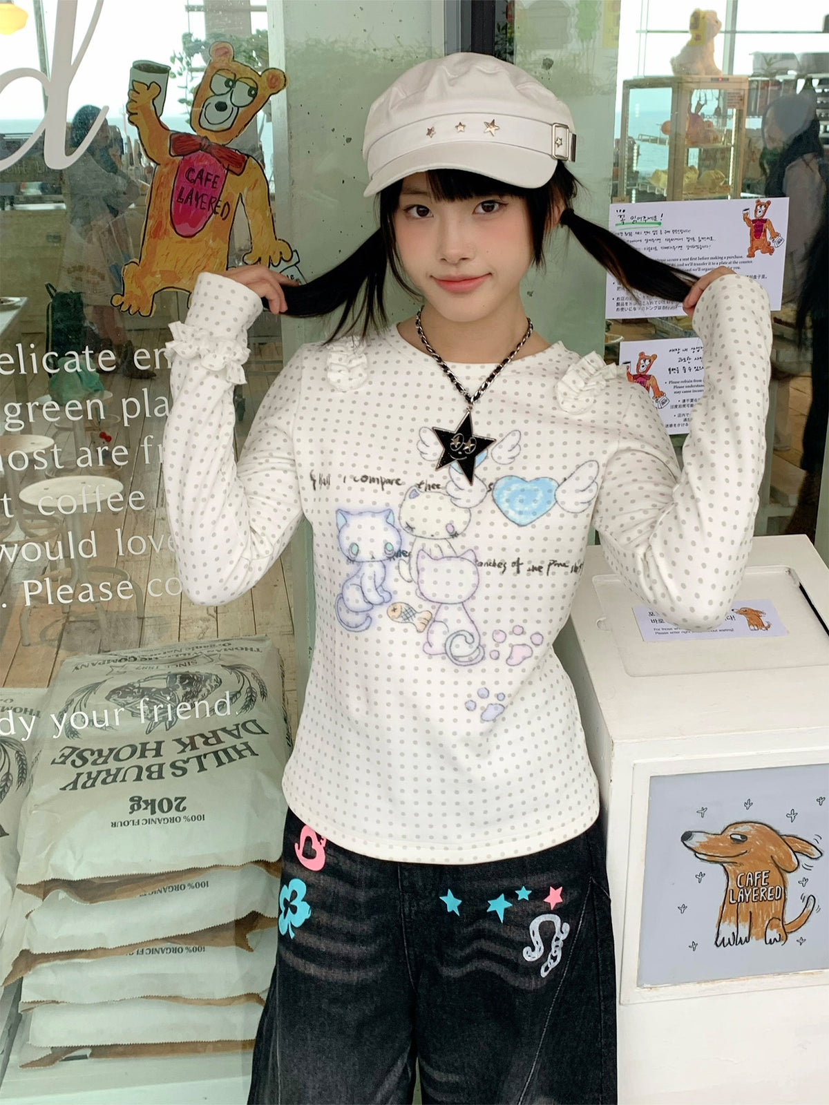 Cat Party Polka Dot Ruffle Long Sleeve Top