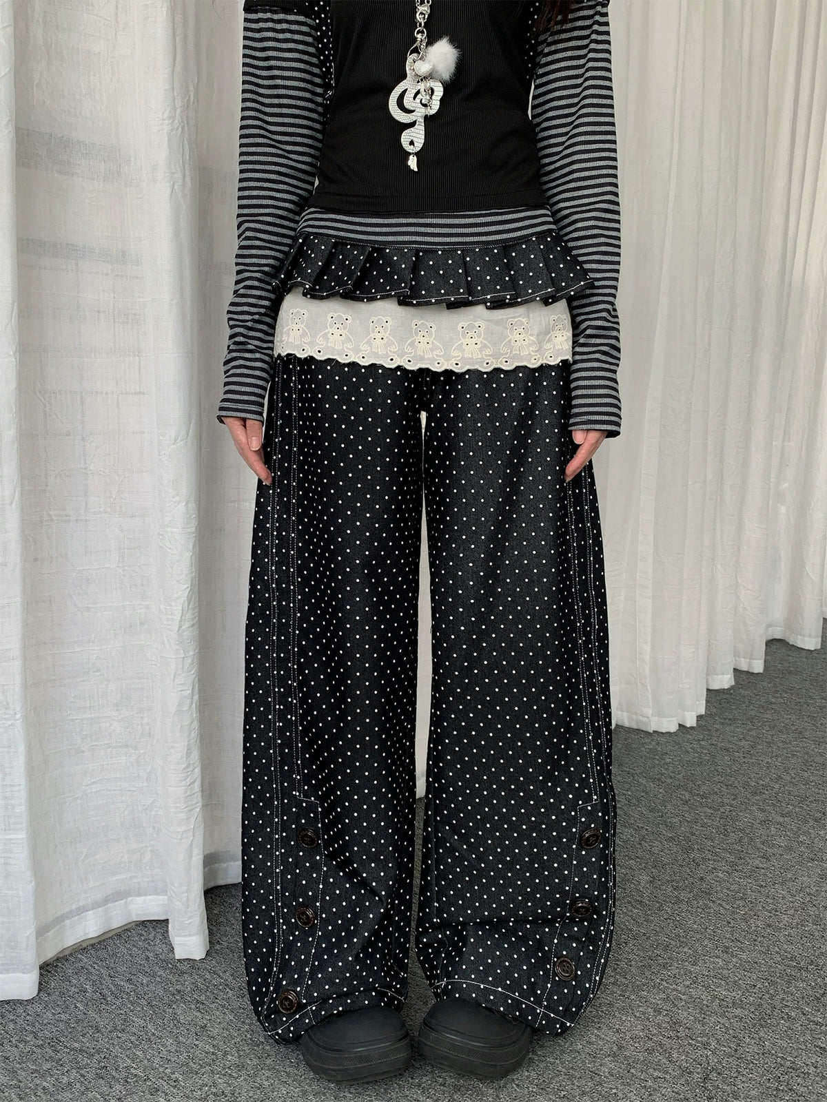 Detachable Polka-Dot Skirt-Panel Wide-Leg Jeans