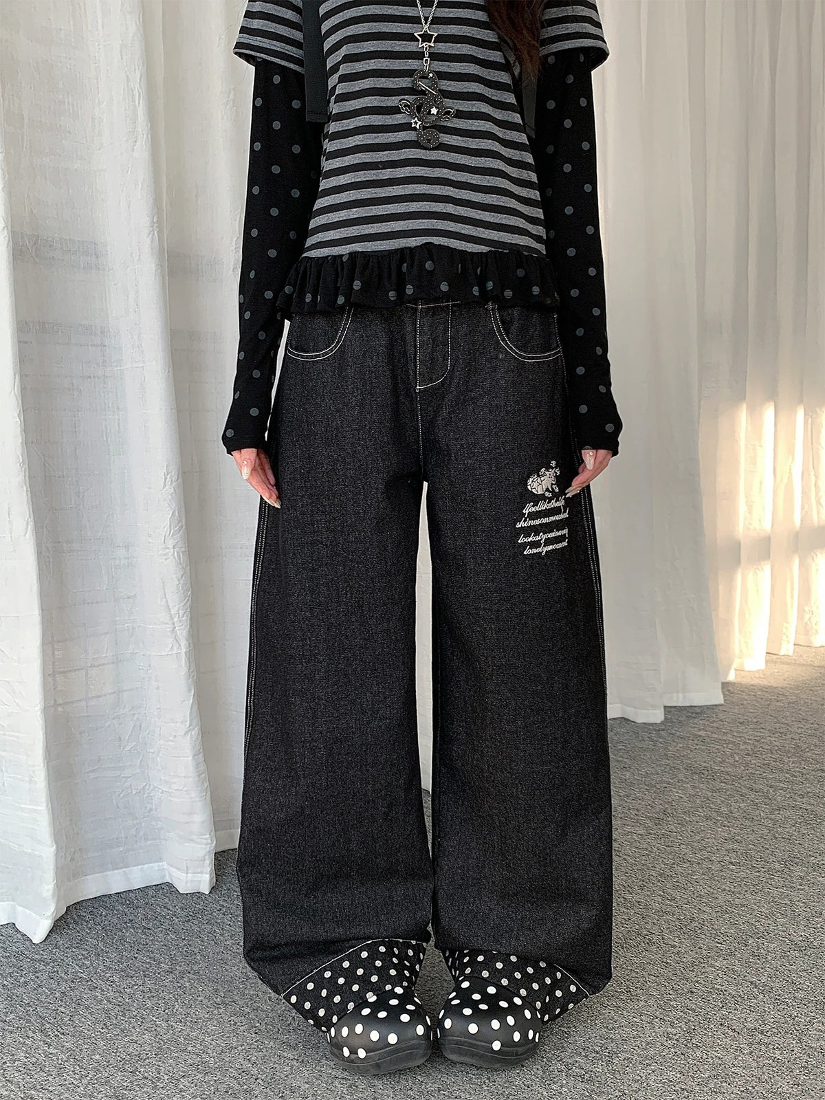 Polka-Dot Cuff Barrel-Leg Jeans