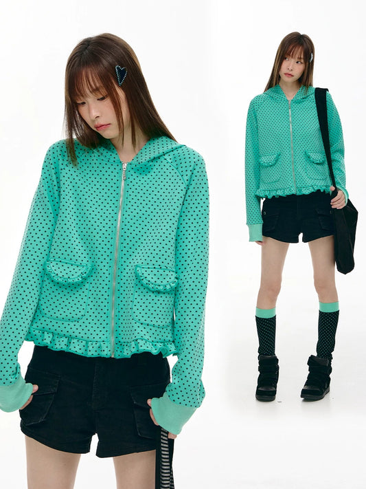 Mint Micro-Star Ruffle-Hem Zip-Up Hoodie