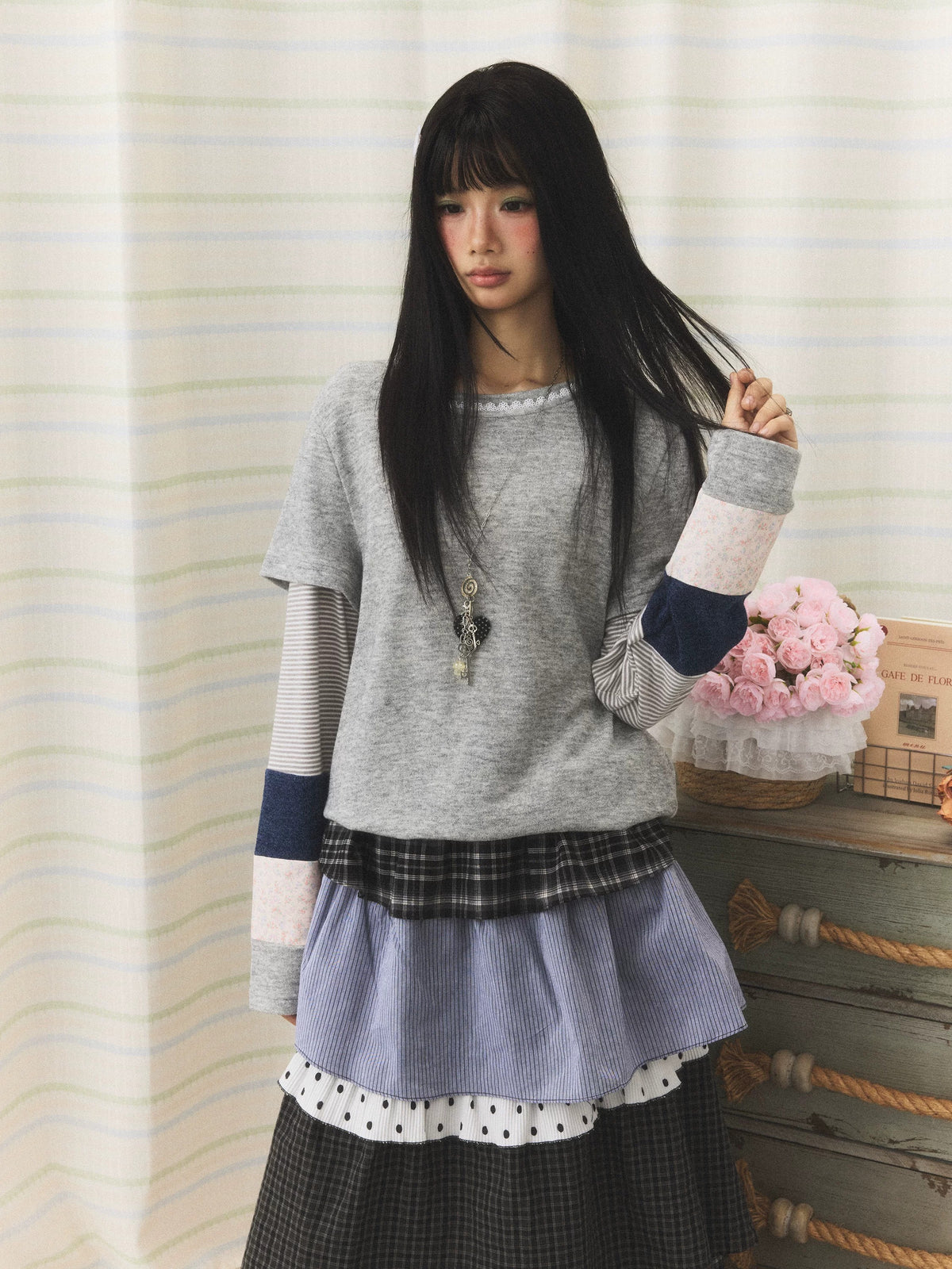Lace-Trim Patchwork Faux-Layered Long Sleeve Top