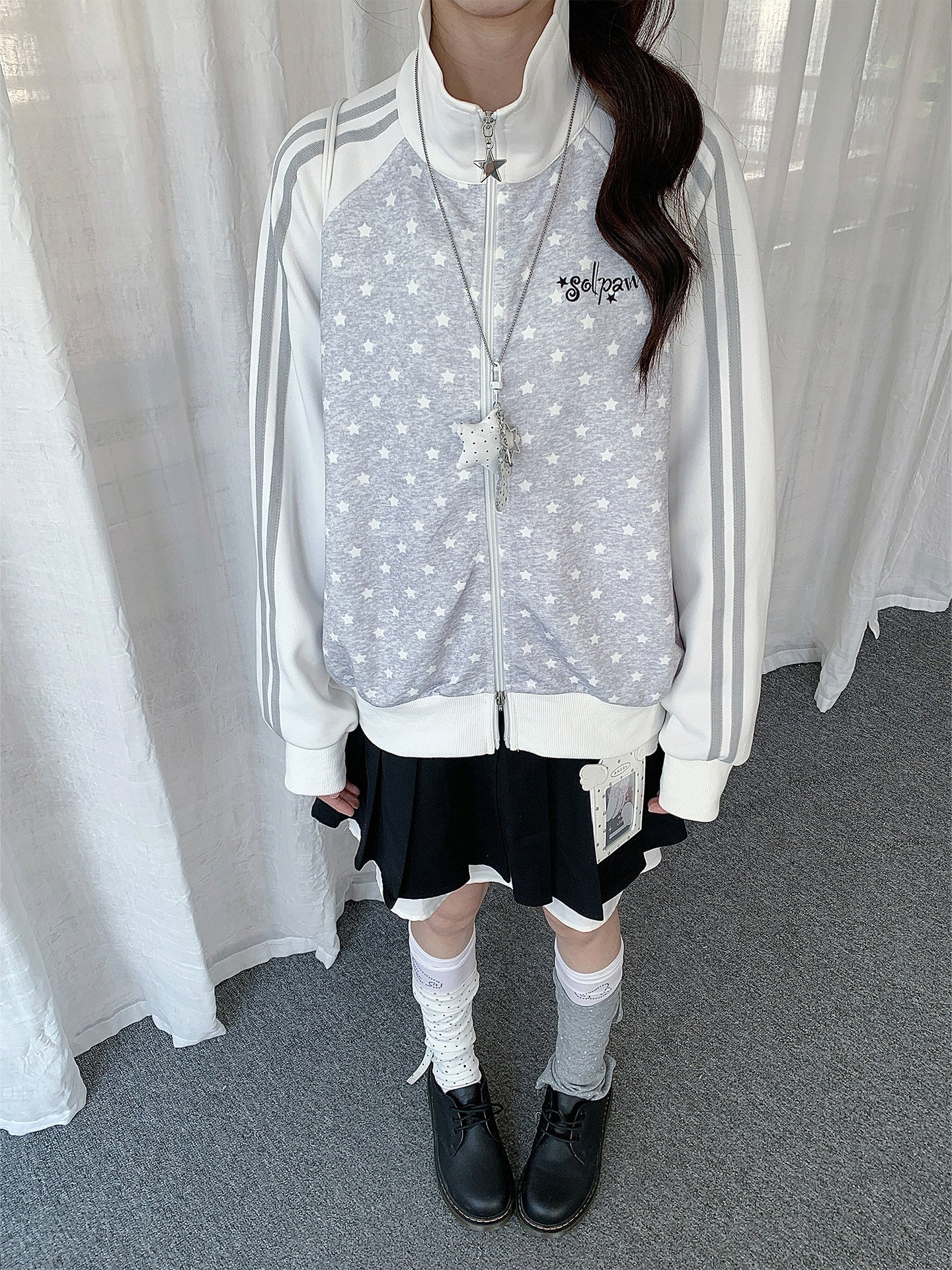 Gray Star Stripe Zip-Up Track Jacket