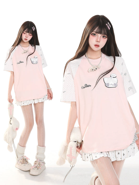 Embroidered Kitty Raglan Oversized Tee