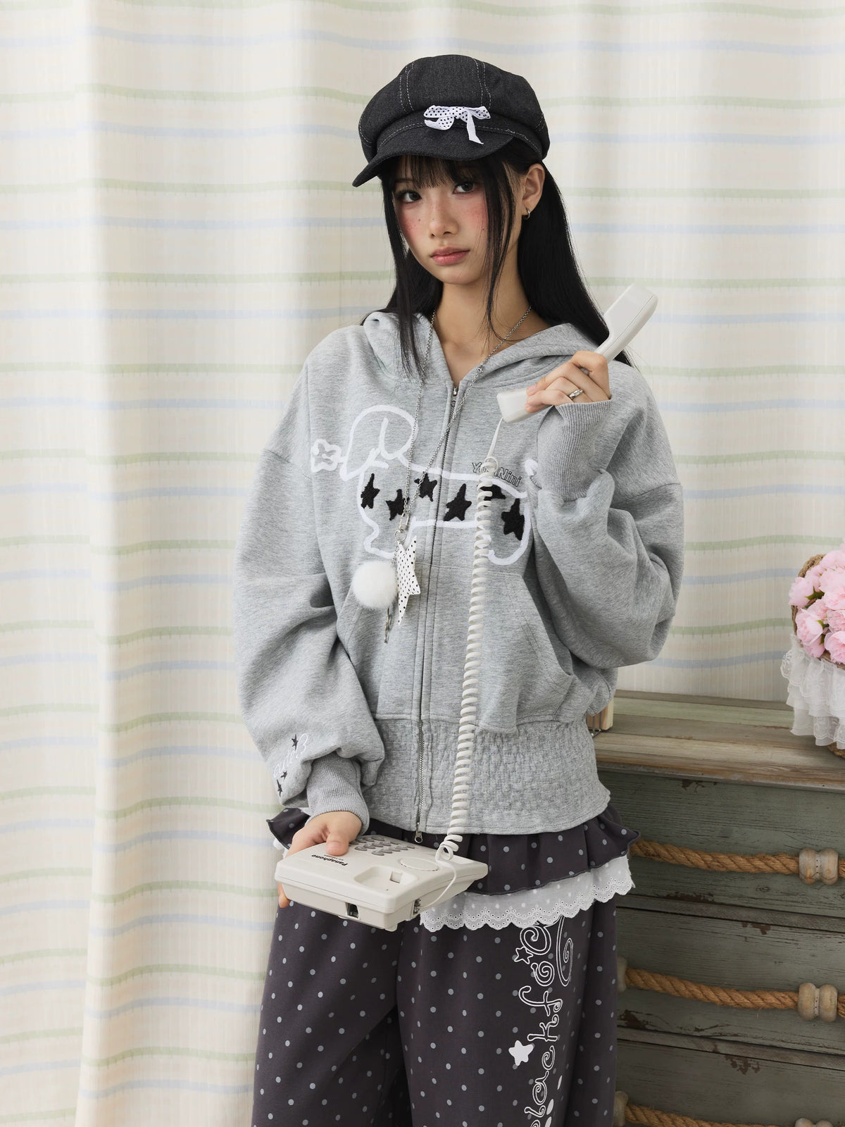 Star Puppy Smocked-Waist Zip-Up Hoodie