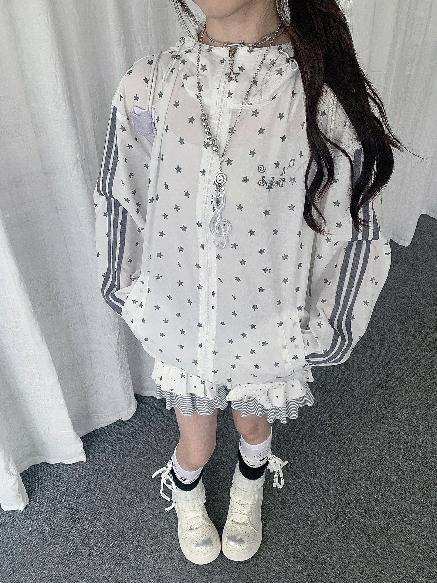 Star Print Sheer Hooded Lightweight Jacket