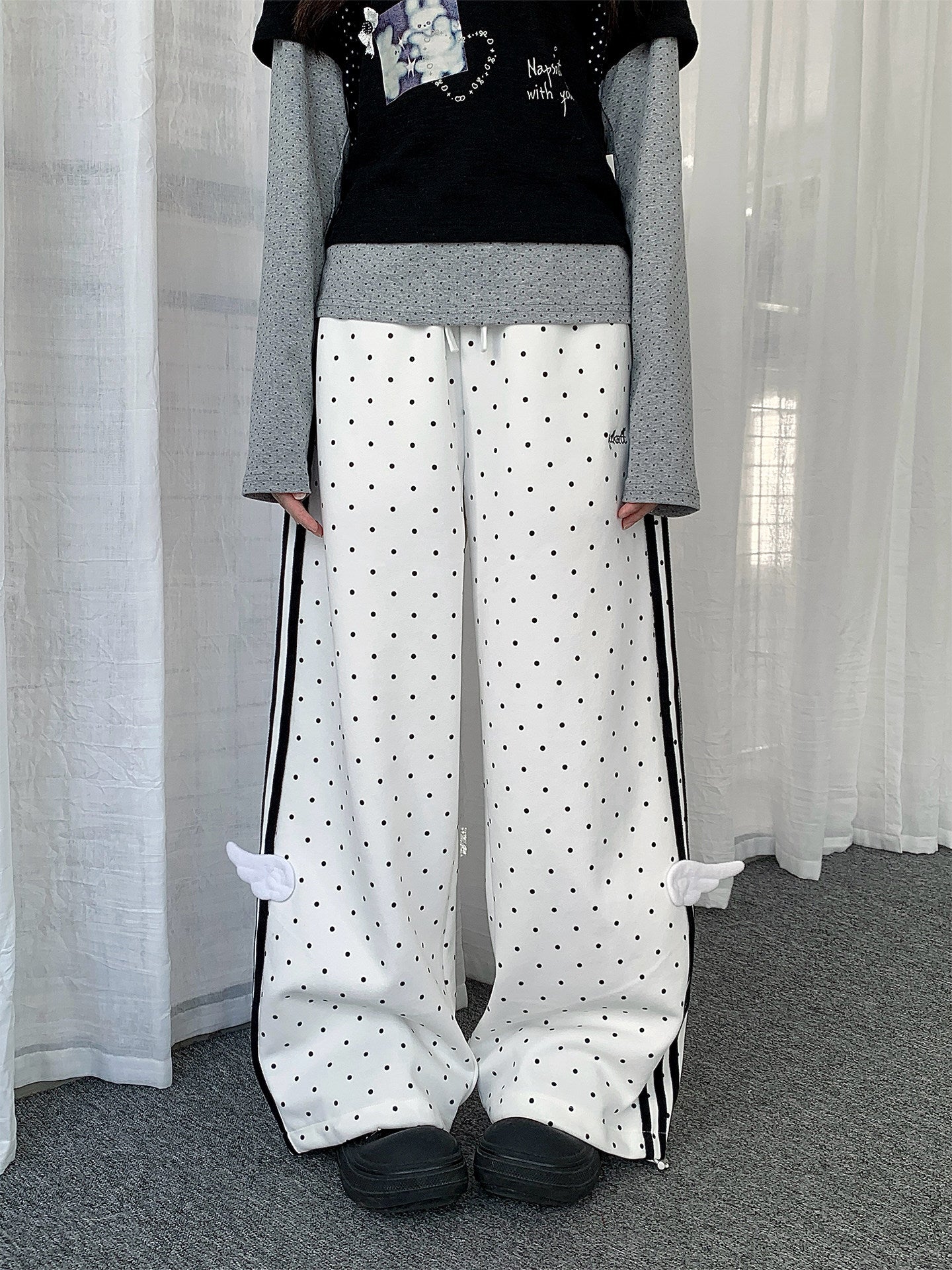 Polka Dot Wing-Detail Wide-Leg Track Pants