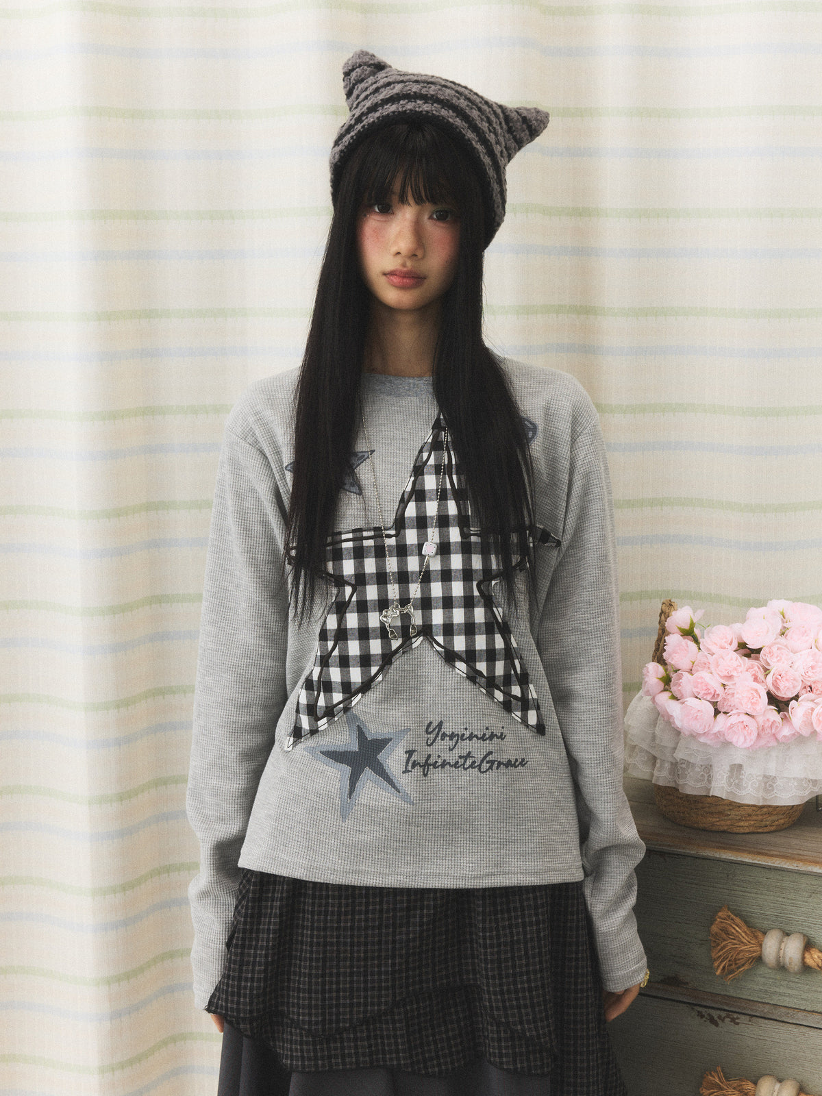 Plaid Star Patch Long Sleeve Top