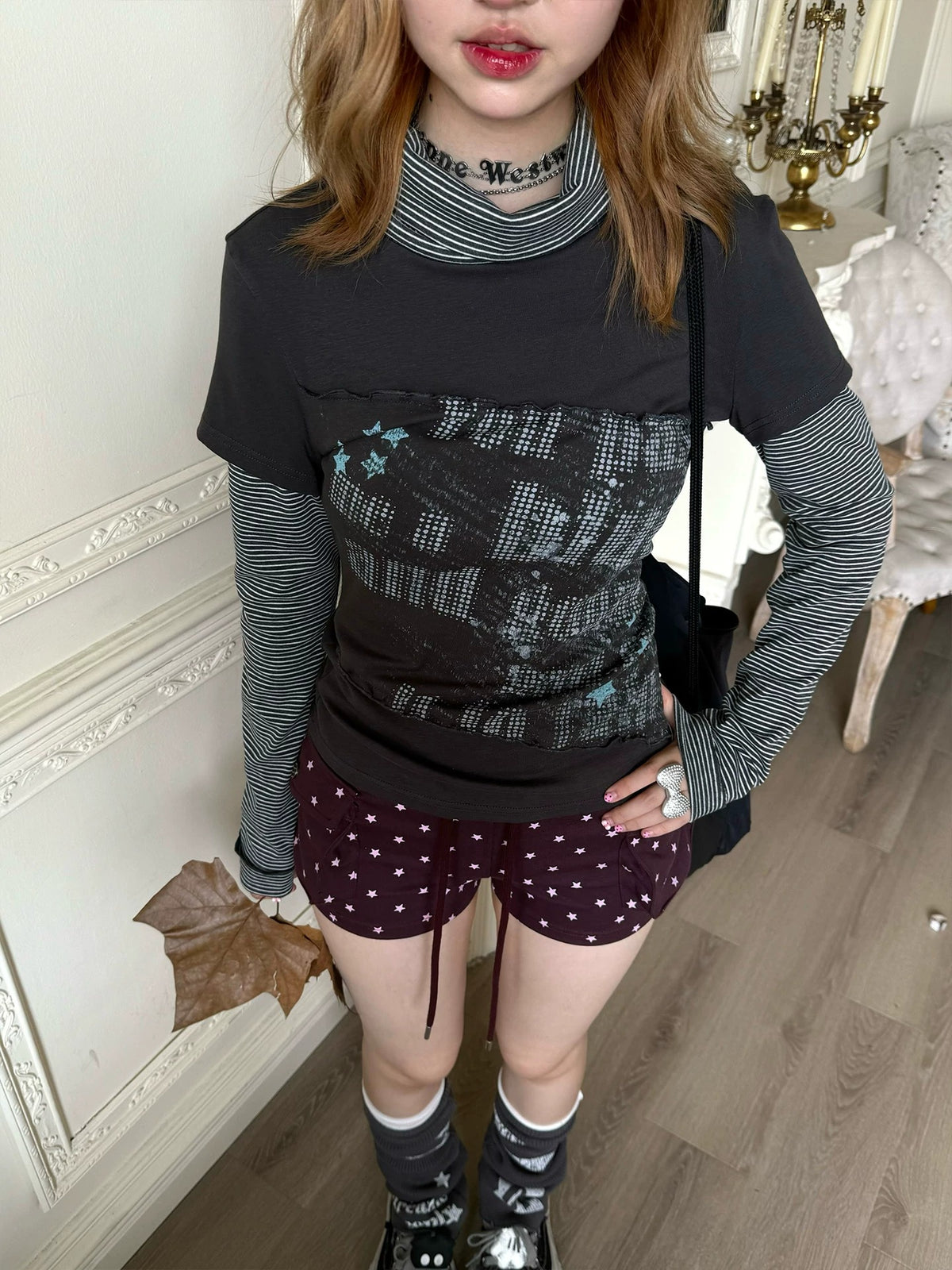 Striped Mock Neck Faux-Layer Graphic Long Sleeve Top
