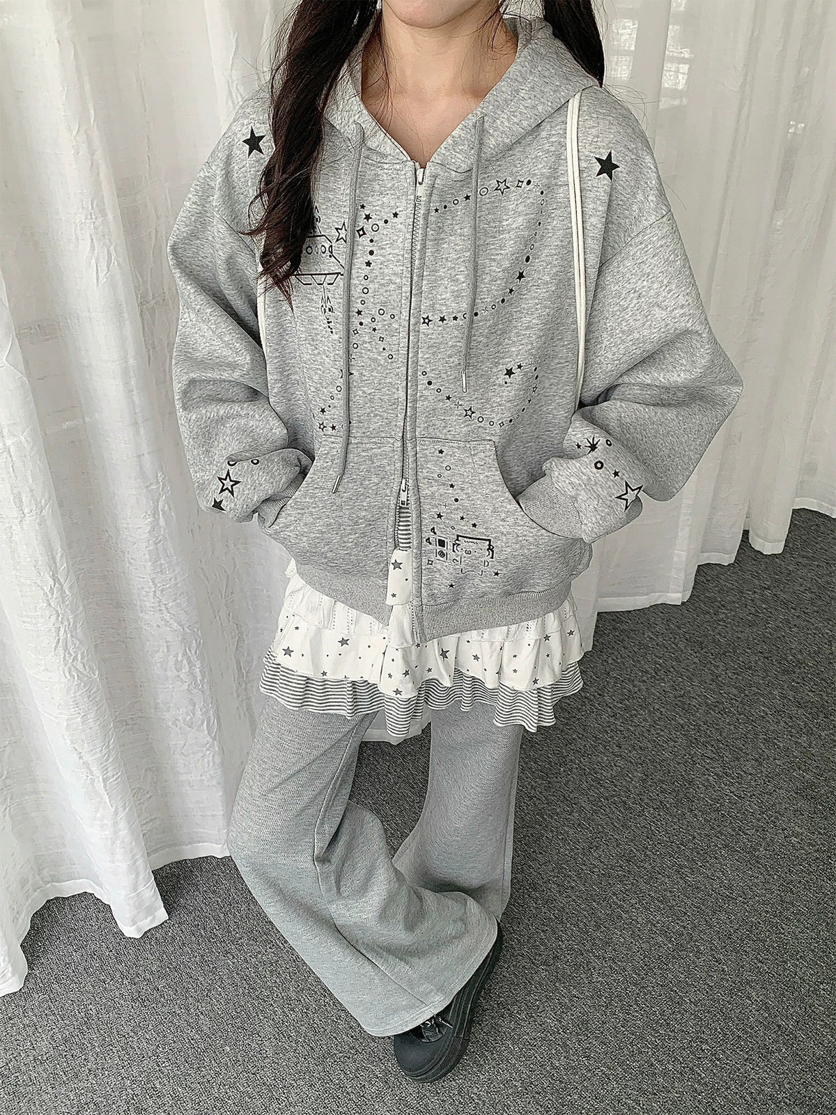 Bunny-Ear Star Doodle Zip-Up Hoodie