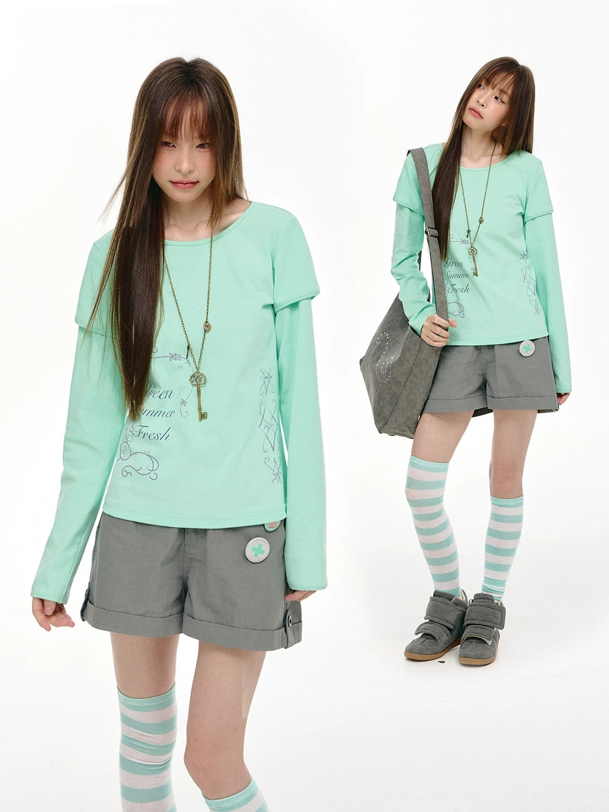 Mint Haze Faux-Layer Graphic Long Sleeve Top