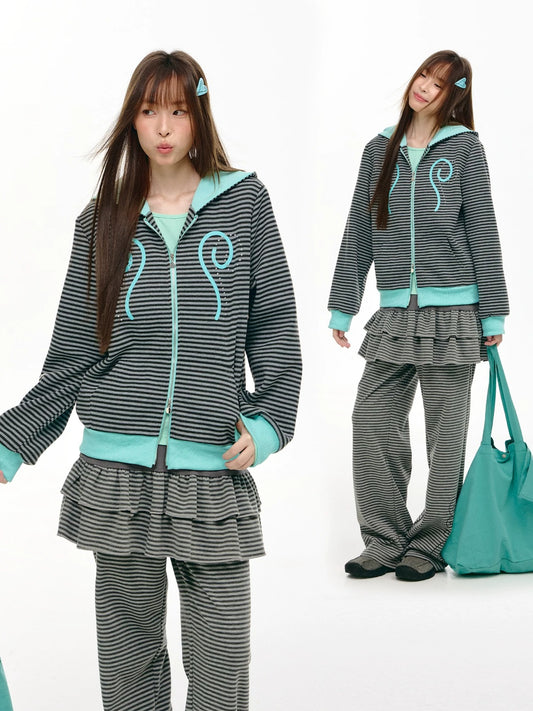 Mint Contrast Stripe Double-Zip Hoodie