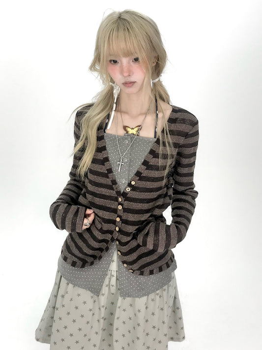 Striped Polka Dot Faux-Layered Button Long Sleeve Top