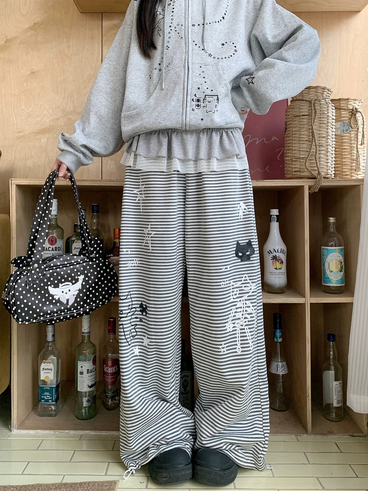 Cartoon Cat Stripe Drawstring Wide-Leg Sweatpants