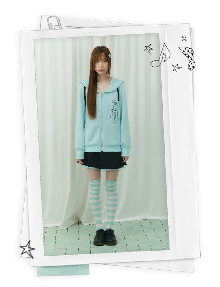 Mint Sailor-Collar Graphic Zip-Up Jacket