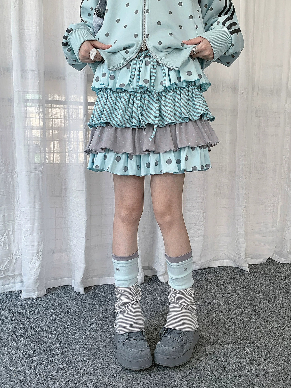 Polka Dot Stripe Tiered Mini Skirt