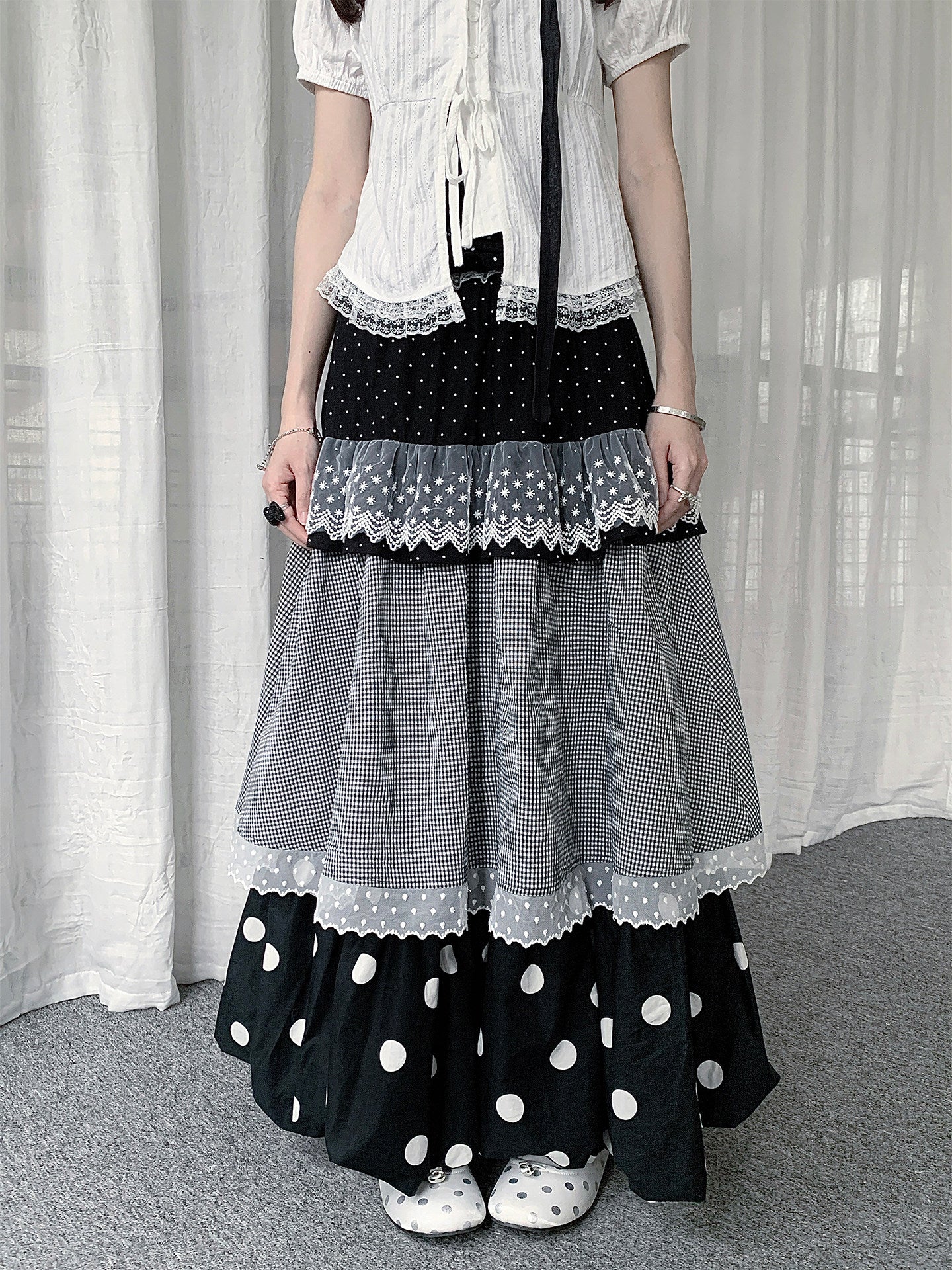 Polka Dot Lace Plaid Tiered Maxi Skirt