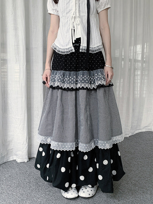 Polka Dot Lace Plaid Tiered Maxi Skirt