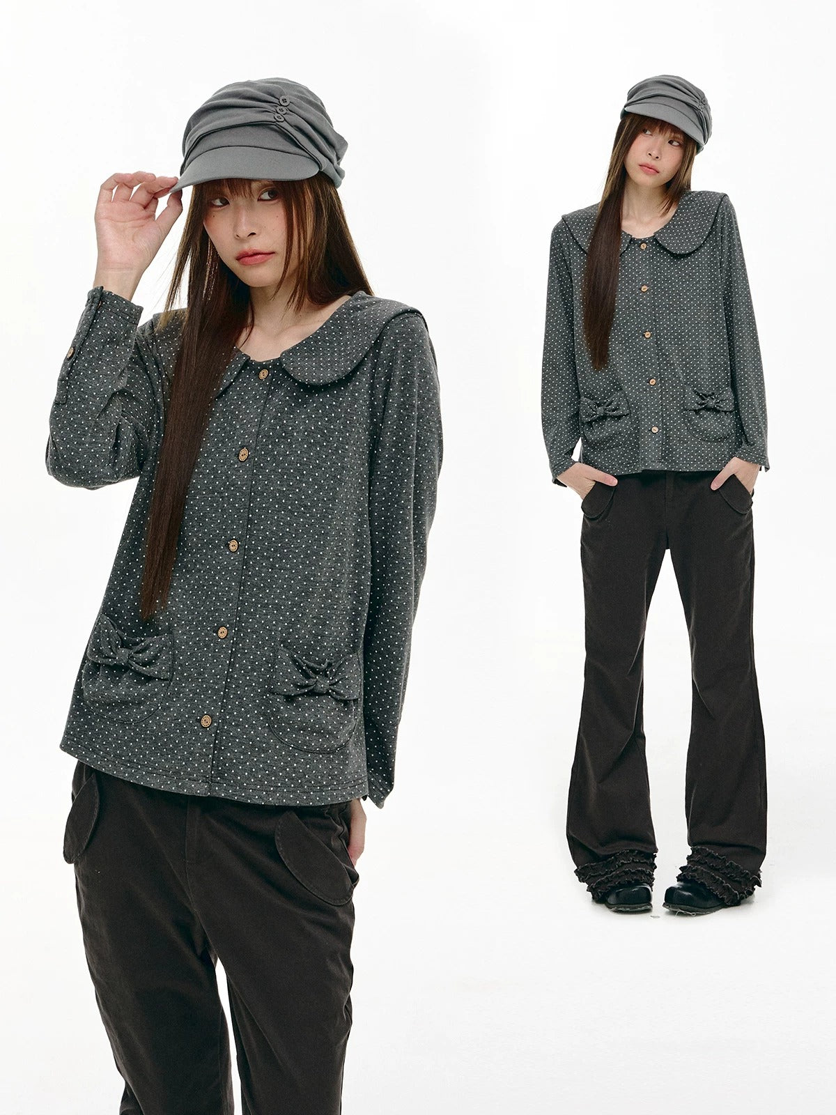 Charcoal Polka Dot Peter Pan Collar Button Shirt