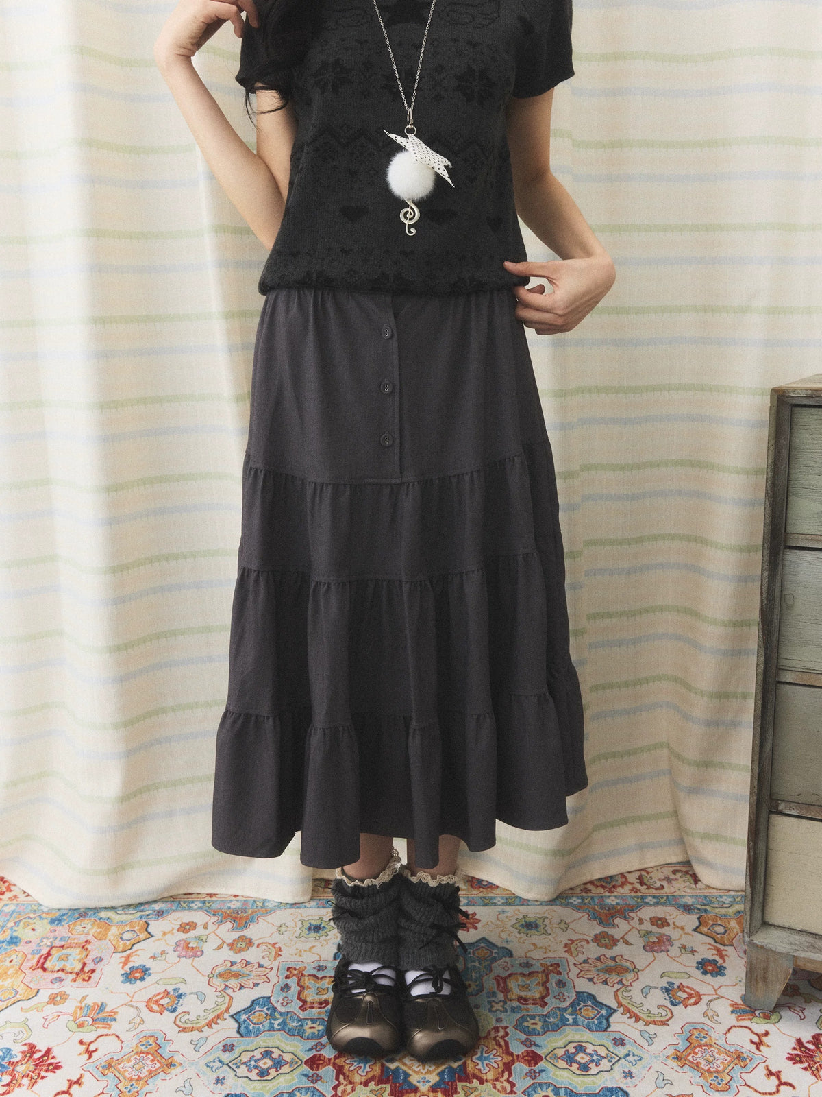Charcoal Tiered Button Midi Skirt