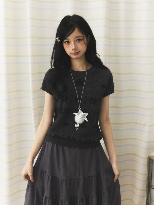 Vintage Jacquard Knit Short Sleeve Top