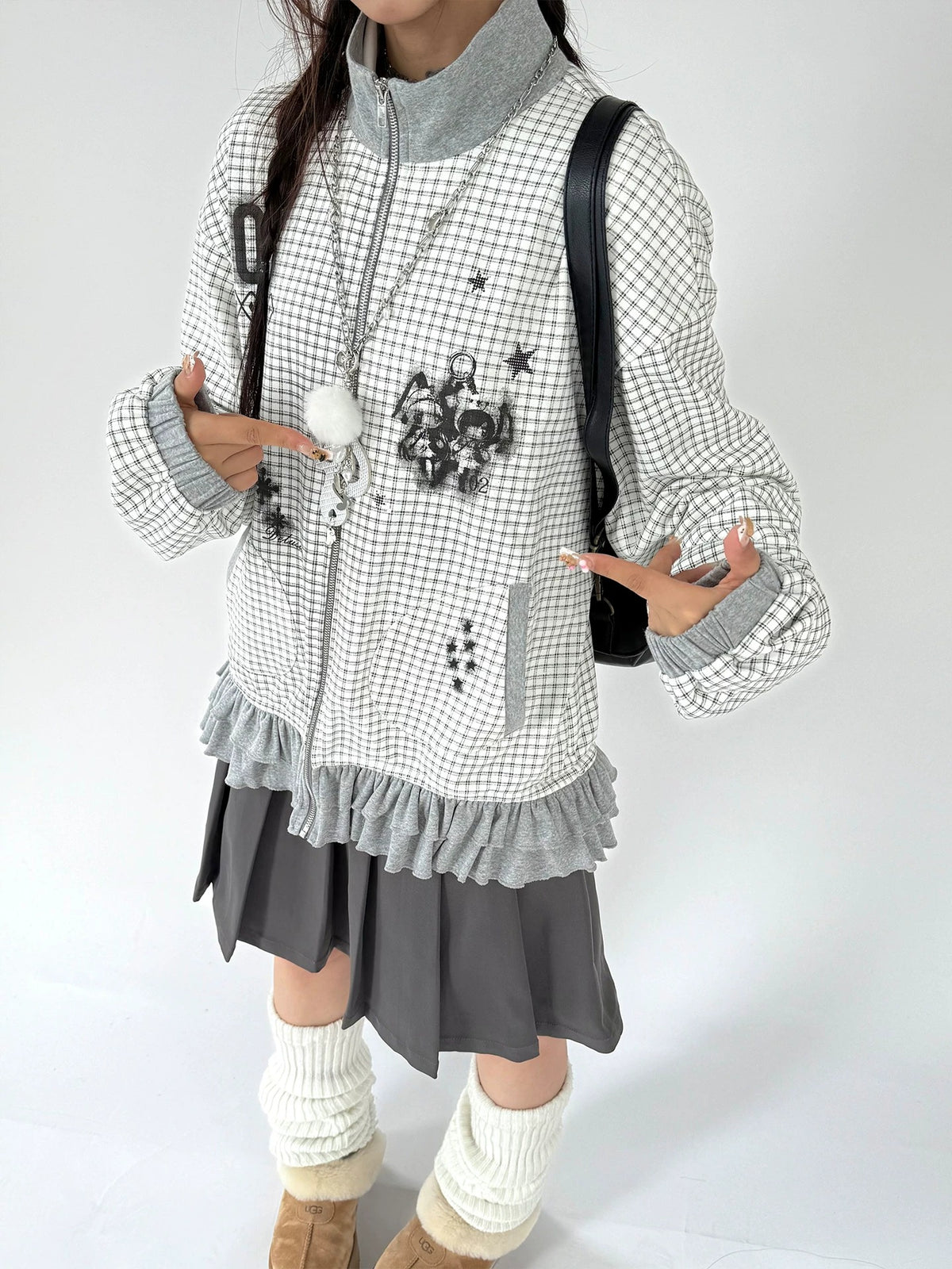 Sugar Check Graphic Ruffle-Hem Zip-Up Jacket
