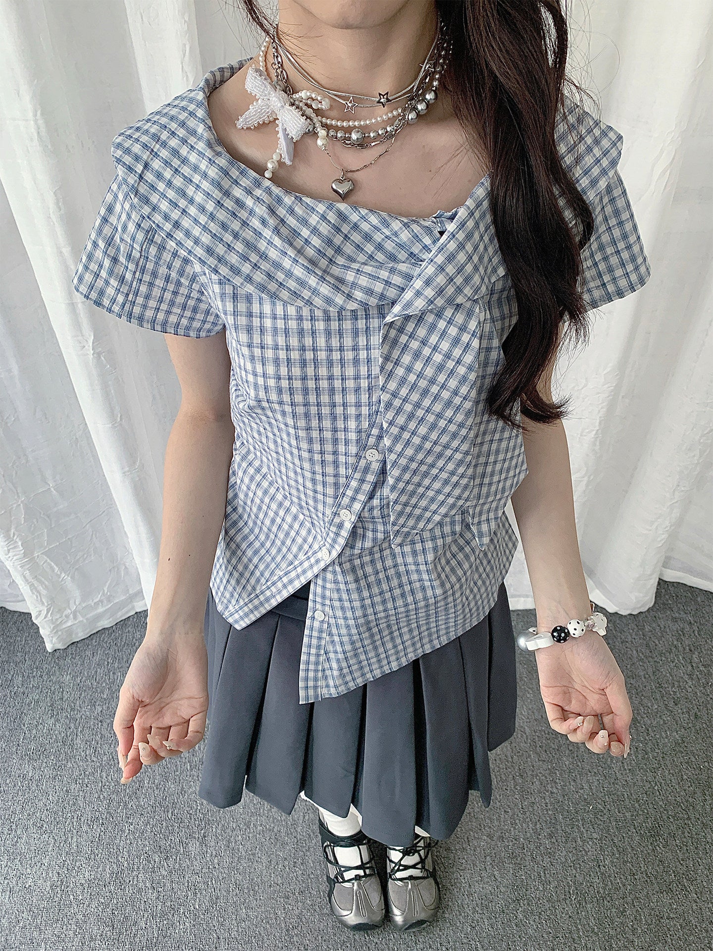 Blue Plaid Asymmetrical Collar Shirt