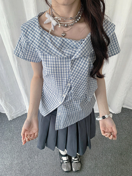 Blue Plaid Asymmetrical Collar Shirt