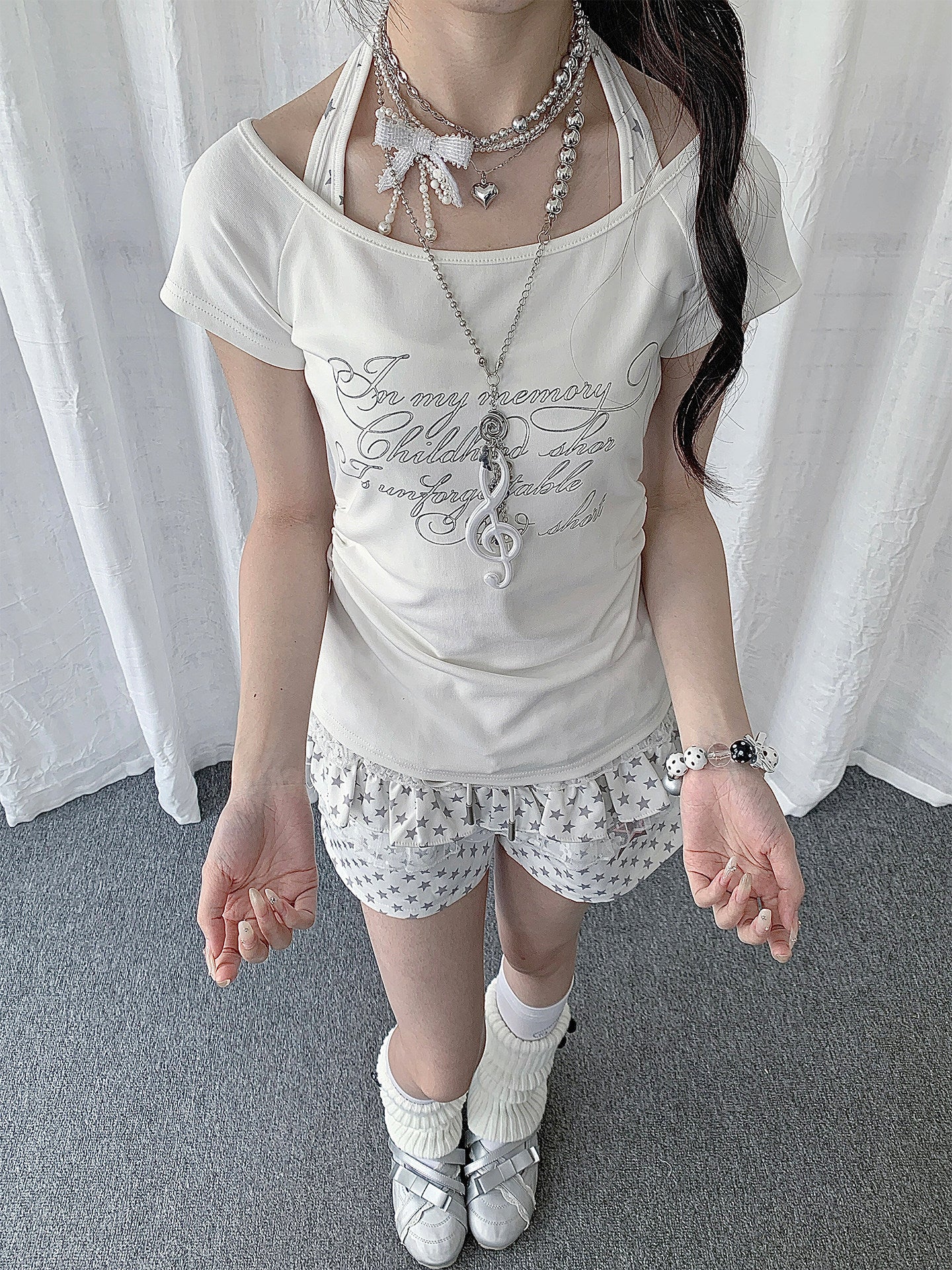 Ivory Halter Faux-Layer Script Fitted Tee