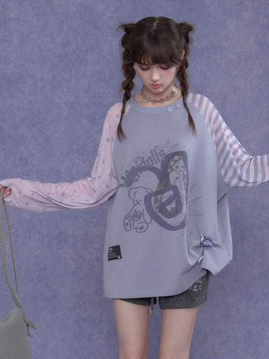 Lavender Star Stripe Raglan Graphic Long-Sleeve Tee